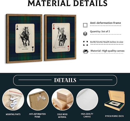 Framed Vintage Playing Card Wall Art Set of 2, Classic Polo Rider and Race Horse Canvas Prints, Retro Equestrian Sketch Poster, Old-Money Sports Wall Decor for Study Home Office Game Room 12x16in