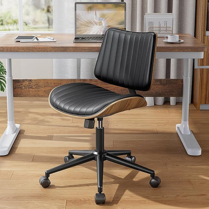 YaFiti Armless Office Chair, Mid Century Modern Desk Chair with Walnut Wood Back & SGS Level 3 Gas Lift, Swivel PU Leather Computer Chair for Small Space, Home Office, Bedroom, 300lbs Cap, Black
