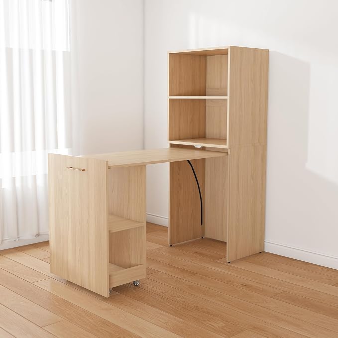 LUMISOL Multi-Function Folding Out Desk with Storage Shelves for Home & Office, Hidden Desks with Mobile Wheels, Pull Out Home Office Desk for Small Spaces, Natural Wood