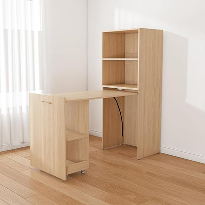 LUMISOL Multi-Function Folding Out Desk with Storage Shelves for Home & Office, Hidden Desks with Mobile Wheels, Pull Out Home Office Desk for Small Spaces, Natural Wood