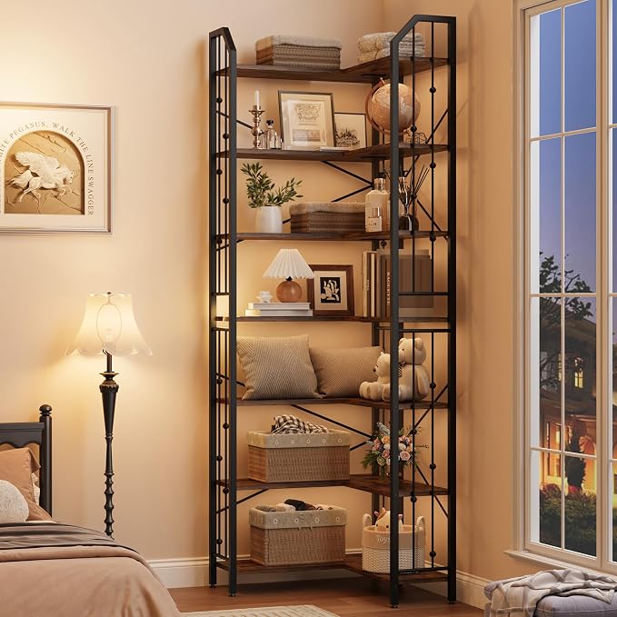 GarveeHome Corner Bookshelf 86" l Shaped Bookcase, Corner Bookshelves Industrial Bookcase 7 Tier l-Shape Bookshelf, Large Bookcases with Beaded Design Tall Display Rack Shelf for Living Room Bedroom