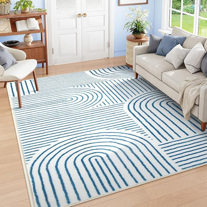 Lahome Abstract 8x10 Area Rugs, Soft Washable Blue Rugs 8x10 Living Room Rugs for Bedroom Dining Room, Ultra-Thin Accent Carpet for Office Dining Room Darrell (8x10ft,Blue/White)