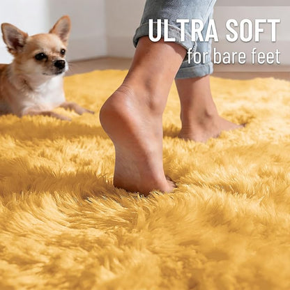 OLANLY Mustard Yellow Round Rugs for Bedroom - Machine Washable, 4 ft Circle Area Rugs for Living Room, Soft and Fluffy Shaggy Carpet for Teen Girl and Boys, Nursery Rooms, Dorms, Home Decor Aesthetic