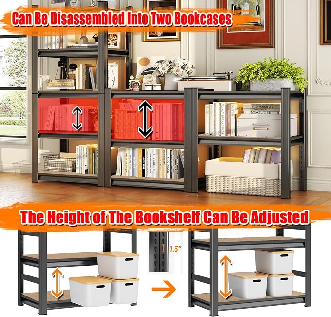 24"W Steel and Wood Book Shelf, 4 Tier Metal Bookcase, 1200LBS Display Shelving, Adjustable Utility Shelf Organizere, Standing Storage Shelves for Study, Bedroom, Living Room and Home Office, Black