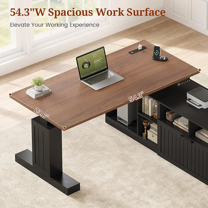 Farmhouse L Shaped Standing Desk with Lateral File Cabinet, 55.1" X 54.3" Electric Executive Desk Adjustable Height with Power Outlets, Shelves, Sit Stand Corner Computer Desk for Home Office, Black