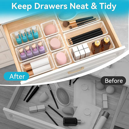 ElegantArray 48 PCS Drawer Organizer Set, 4 Sizes Tool Storage Trays, Clear Plastic Makeup Vanity Organizer and Storage Bins for Makeup, Stationeries, Multiple Gadgets for Bathroom, Office, Bedroom