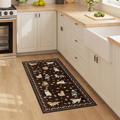 DUKINO 2x4 Runner Rug for Entryway, Animal Dog Print Washable Kitchen Rug with Non Slip, Low Pile Indoor Door Mat Non Shedding Small Throw Carpet Runner for Hallway, Bathroom, Laundry, Bedroom, Brown