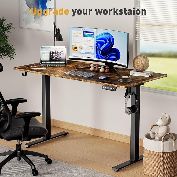 48x24 in Electric Standing Desk,Adjustable Height with Wheels,Brown | Spliced Desktop,27.9"–46.8" Height Range,4 Memory Presets,Lockable Wheels,Headphone Hook,Sit Stand Desk,Home Office