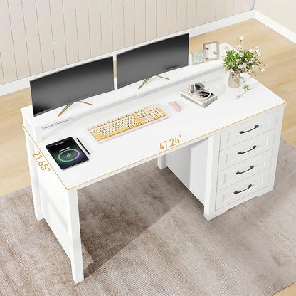Vabches 47" Farmhouse Executive Desk with Monitor Stand and LED Lights,4 Drawers Computer Desk with Power Outlets,Large Workspace for Work Study Writing.(White)