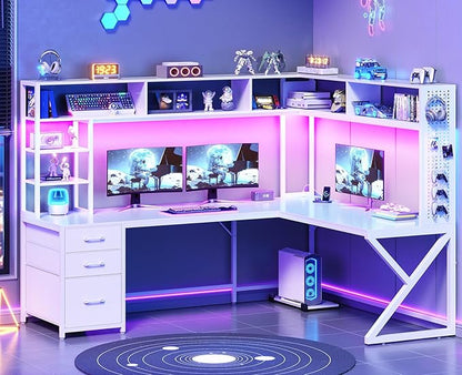 SEDETA Corner Computer Desk, Convertible 94.5" Gaming Desk with Storage Drawers, Hutch and Pegboard, L Shaped Office Desk with Power Outlet, LED Lights for Home Office, White