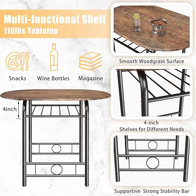 JUMMICO 3-Piece Wooden Round Table & Chair Set, Space Saving Kitchen Breakfast Nook Wood Grain Tabletop with Metal Frame and Built-in Wine Rack for Kitchen, Dining Room (Brown/Black)