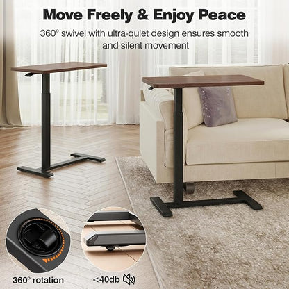ROMOON Overbed Bedside Table with Wheels, Rolling Height Adjustable Standing Desk, Mobile Laptop Cart with Sturdy Frame for Hospital, Home and Small Space (27.6" W x 15.7" D, Walnut)