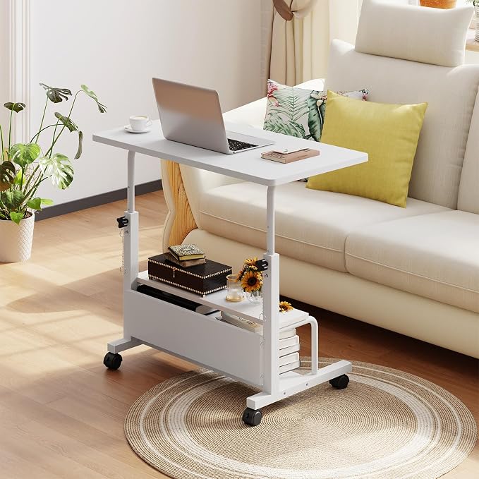 DUMOS 31.5" Mobile Rolling Desk with 2-Tier Storage Shelves, Height Adjustable Computer Desks on Wheels, Portable Rolling Laptop Table for Small Spaces & Home Office White
