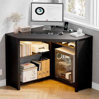 Corner Desk with Charging Station & LED Light, Triangle Corner Desk with CPU Stand & Storage Shelves, Gaming Computer Desk for Home Office -Black