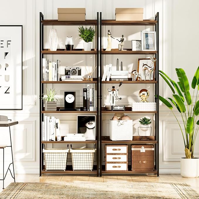 NUMENN Bookshelf, 6 Tier Bookshelves, Home Office Bookcase Shelf Storage Organizer, Free Standing Storage Shelving Unit for Bedroom, Living Room and Home Office, Vintage