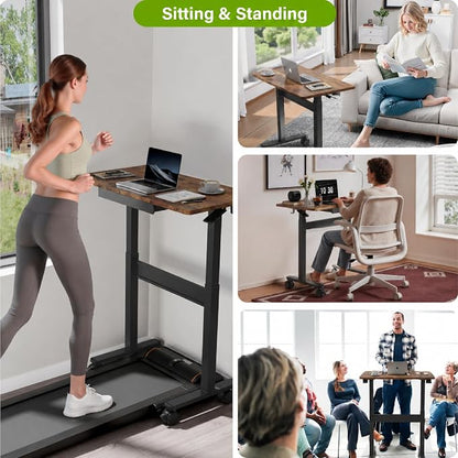 Standing Desk for Walking Pad with Wheels, Pneumatic Cordless Height Adjustable Rolling Desk, Computer Workstation with Drawer Hook Locking Casters for Treadmill Home Office, Dark Wood