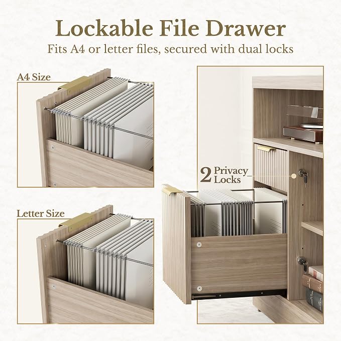 2 Drawer Fluted File Cabinet, 32'' Lateral File Cabinet with Lock and AC/USB for Letter/A4 Size, Wood Filing Cabinet with Storage Shelves for Home Office, Natural Walnut