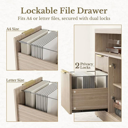 2 Drawer Fluted File Cabinet, 32'' Lateral File Cabinet with Lock and AC/USB for Letter/A4 Size, Wood Filing Cabinet with Storage Shelves for Home Office, Natural Walnut