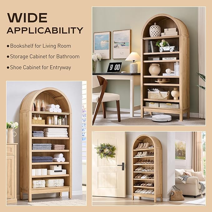 IFGET 71" Tall Arched Bookshelf, 7 Tiers Arch Bookcase with Storage, Modern Farmhouse Book Shelf with Adjustable Shelves, Wood Bookshelf w/Open Display Shelves for Living Room, Office (Natural)