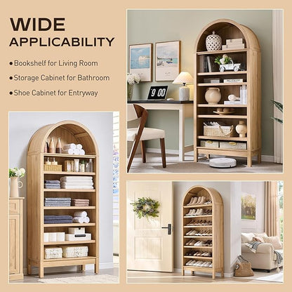 IFGET 71" Tall Arched Bookshelf, 7 Tiers Arch Bookcase with Storage, Modern Farmhouse Book Shelf with Adjustable Shelves, Wood Bookshelf w/Open Display Shelves for Living Room, Office (Natural)