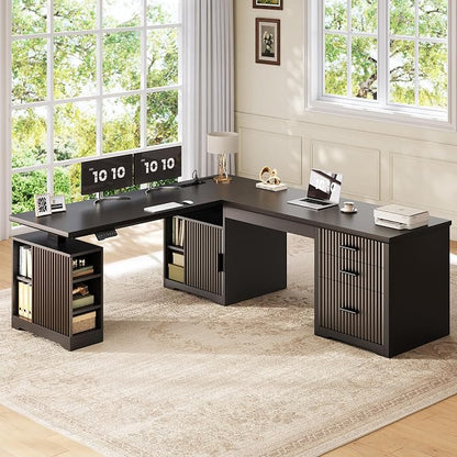 SEDETA Fluted L Shaped Electric Standing Desk, 63" x 67" Height Adjustable Home Office Executive Desk with Drawers and Shelves, Two Person Desk with Power Outlet for Home Office, Black