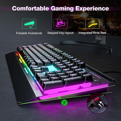 TECKNET Wired Gaming Keyboard, USB Wired Computer Keyboard, 15-Zone RGB Illumination, IP32 Water Resistance, 25 Anti-ghosting Keys, All-Metal Panel (Whisper Quiet Design)