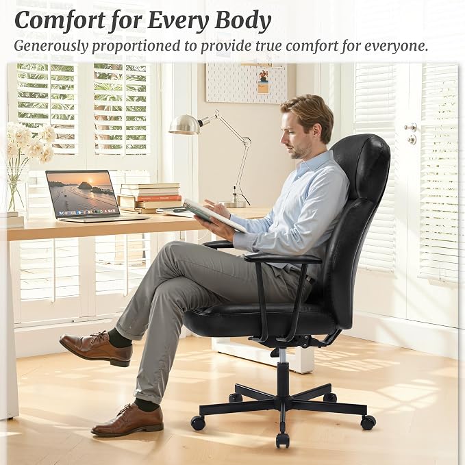Cozyman Ergonomic PU Leather Home Office Chair, High Back Executive Desk Chair with 5-Layer Cushion, 95-135° Reclining Back, Lumbar Support, Adjustable Height, 360° Swivel for Home Office Task, Black