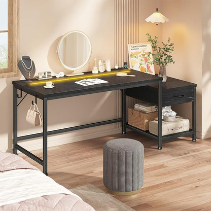 DurayLoly 48.1'' Gaming Desk with Printer Shelf & LED Lights, Reversible Computer Desk with Power Outlets & Drawers, Gaming Table with Hooks for Headphone,Small Desk for Teens, Bedroom & Dorm,Black