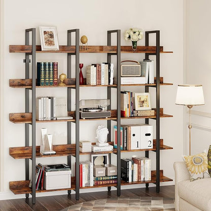 IRONCK Bookcase and Bookshelves Triple Wide 5 Tiers Large Open Shelves, Etagere Book Shelf with Back Fence for Home Office Decor, Easy Assembly, Vintage Brown