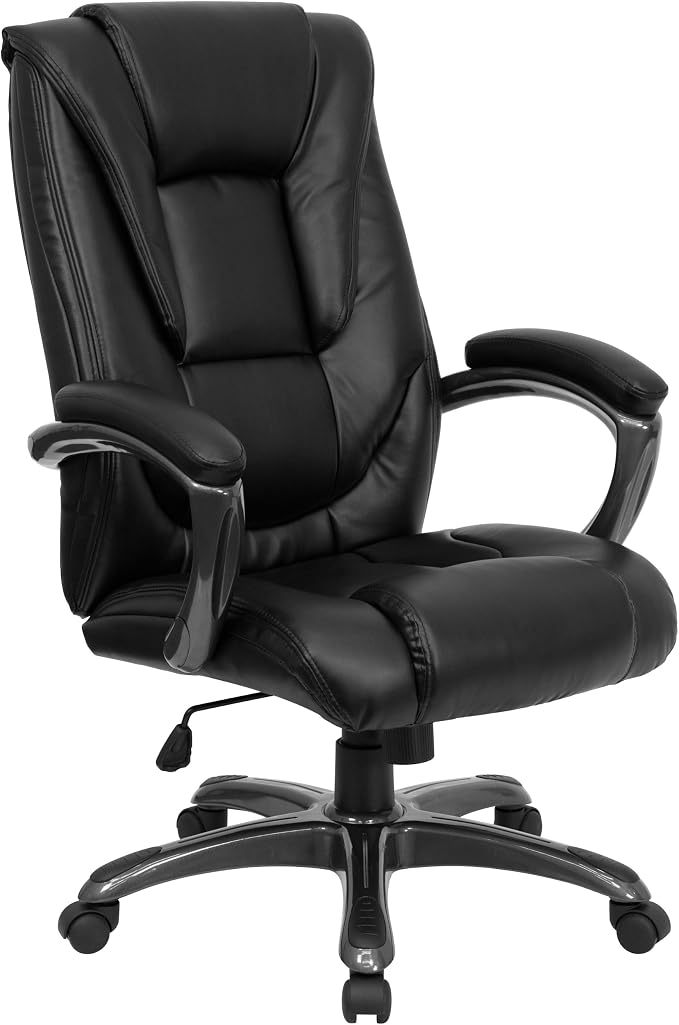 EMMA + OLIVER High Back Black LeatherSoft Layered Upholstered Executive Swivel Ergonomic Office Chair with Smoke Metal Base and Arms