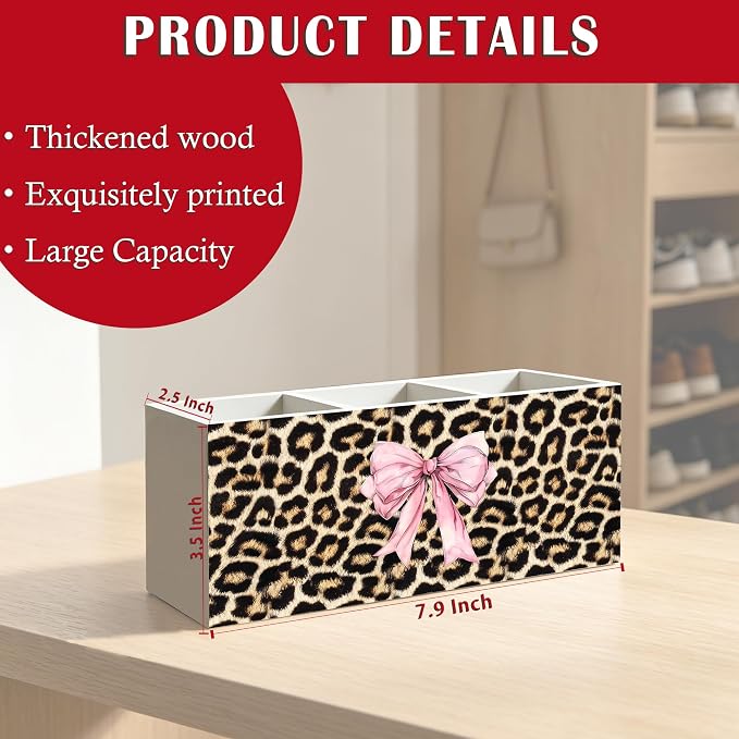 Coquette Pink Bow Cheetah Print Makeup Brush Toothbrush Holder for Girly Bathroom Dorm Vanity, Pink and Cheetah Print Wood Signs Pen Pencil Holder Organizer Desk Accessories
