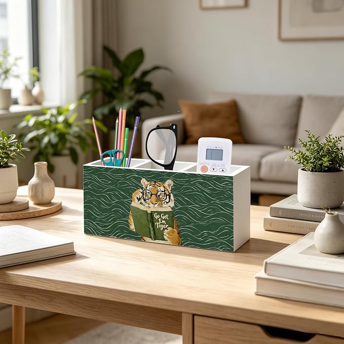 Funny Motivational Tiger Reading Pen Pencil Holder Organizer for Desk Accessories, Book Lover Reader Gifts, Eclectic Green Japandi Animal Bookish Wood Signs for Reading Nook Room Library Decor