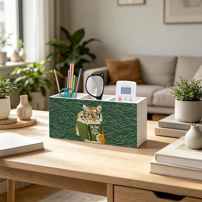 Funny Motivational Tiger Reading Pen Pencil Holder Organizer for Desk Accessories, Book Lover Reader Gifts, Eclectic Green Japandi Animal Bookish Wood Signs for Reading Nook Room Library Decor