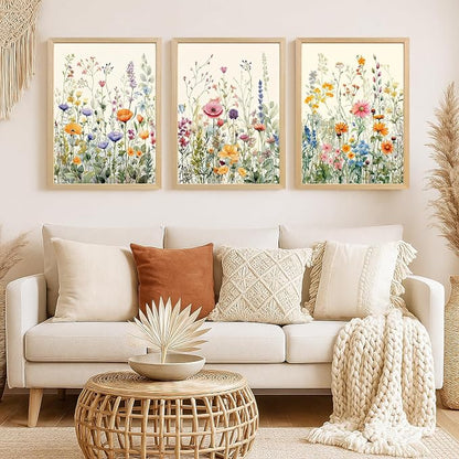 LLEEMPI Watercolor Floral Wall Art Set of 3, Colorful Wildflower Wall Decor, Modern Abstract Botanical Canvas Painting, Rustic Farmhouse Poster Print for Bedroom Bathroom Office Wood Framed 16x24 Inch