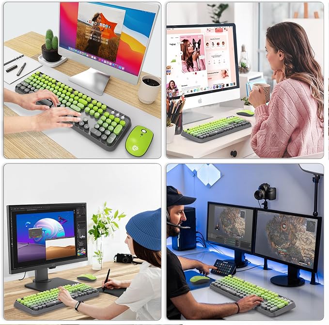 Wireless Keyboard and Mouse Combo, 104 Round Keys Cute Colorful Keyboard and Mouse with Retro Typewriter for PC Mac Laptop Tablet Computer Windows Gray Green