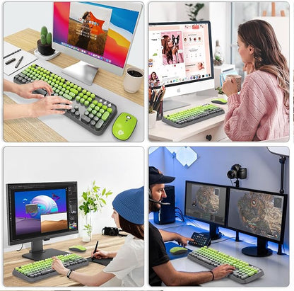 FOPETT Wireless Keyboard and Mouse Combo - 2.4G Full-Sized Cute Colorful Mouse and Keyboard with 104 Round Keys Retro Typewriter Keyboard for Laptop/Windows/PC - Grey Green