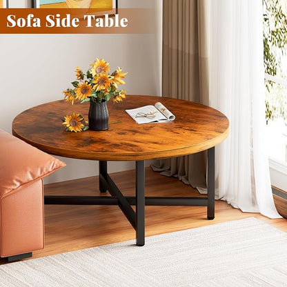 Coffee Table, 31.5" Large Coffee Tables, Brown Round Coffee Tables for Living Room, Floor Table for Sitting on The Floor, Center Coffee Table with Metal Frame for Office Apartment Home