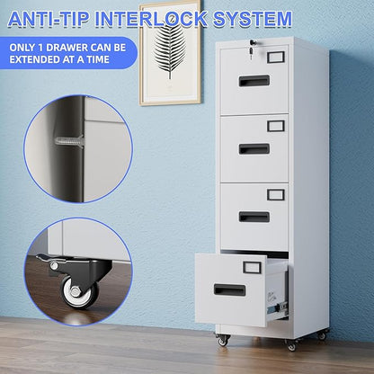 Aobabo 4 Drawer File Cabinet with Lock and Wheels, Metal Vertical Filing Cabinet with Anti-Tilt Interlock System for Home Office, Fits Letter/Legal Size, White,Required Assembly