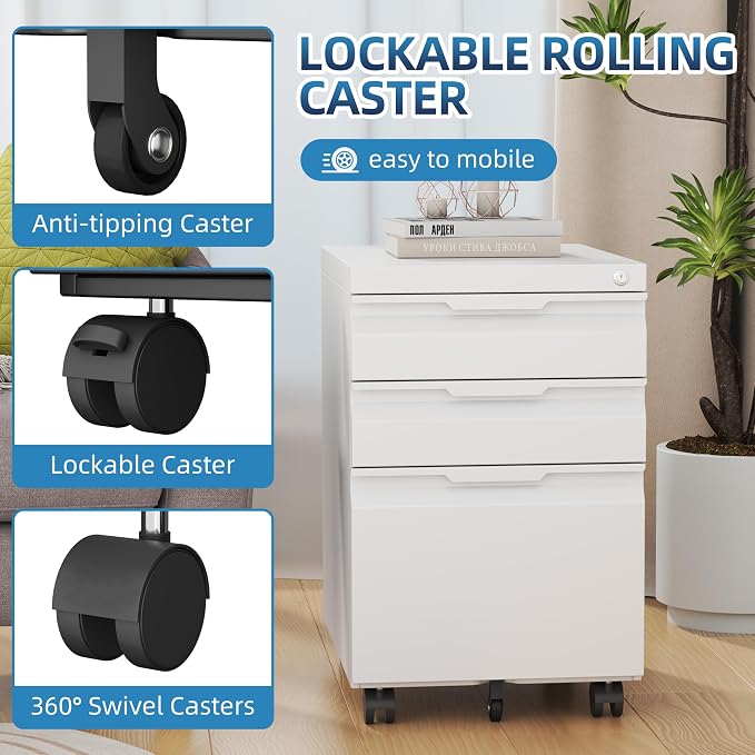 3 Drawer White Mobile File Cabinet with Wheels, Metal Small Filing Cabinets for Home Office Organizer,Rolling Filing Cabinets Under Desk Storage for Letter/Legal/A4 Files