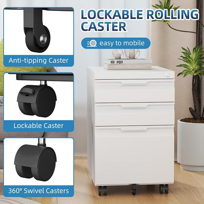 3 Drawer White Mobile File Cabinet with Wheels, Metal Small Filing Cabinets for Home Office Organizer,Rolling Filing Cabinets Under Desk Storage for Letter/Legal/A4 Files
