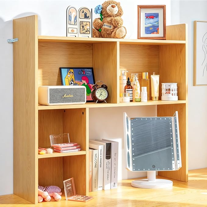 deli Desktop Shelf, Desk Hutch with 5 Shelves for Computer Desk, Desktop 3-Tier Display Rack, Multipurpose Wood Desktop Bookshelf Storage Organizer for Dorm Office Home, Natural