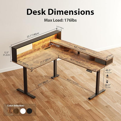 Agilestic L-Shaped Electric Standing Desk, 63x55 Inch Ergonomic Adjustable Height Desk with Storage, Stand Up Corner Desk Sit Stand Computer Table Power Outlet & LED Lights, Office Table, Rustic Brown