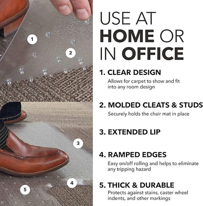HON Office Chair Mat for Carpet, Clear Desk Mat with Extended Lip for Rolling Computer Chairs, Heavy Duty Vinyl Floor Protector for Low Pile Carpet, 36 x 48 in, Clear