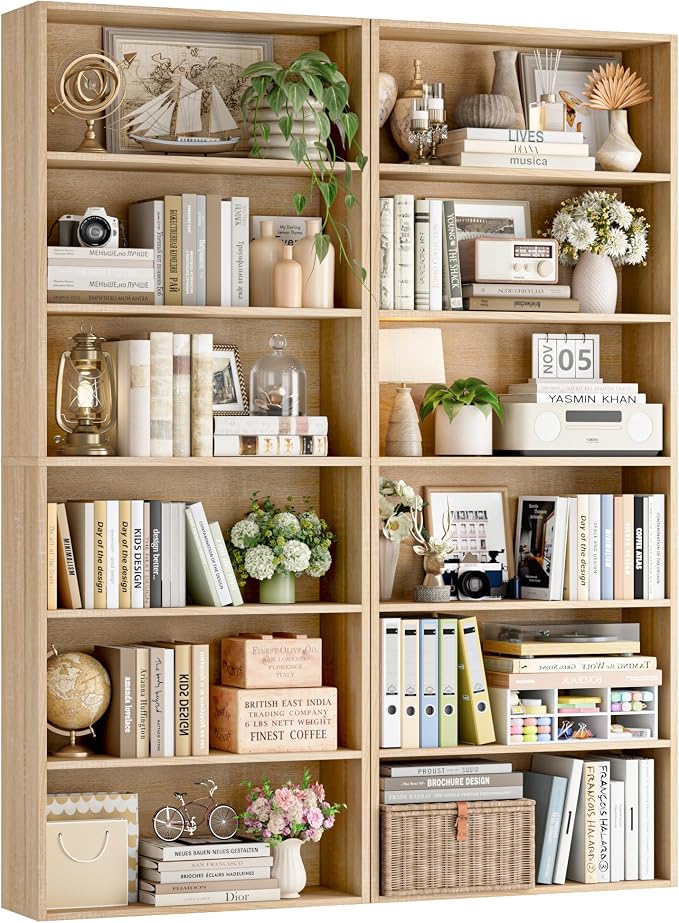 FOTOSOK 6-Tier Open Bookcase and Bookshelf, Freestanding Display Storage Shelves Tall Bookcase for Bedroom, Living Room and Office,Light Oak Set of 2