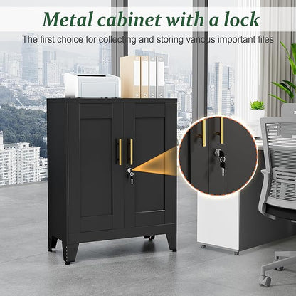 Black Metal Storage Cabinet, 36" Tall Locking Storage Cabinet with 2 Adjustable Shelves, Steel Locker Organizer, for Office, Home, School