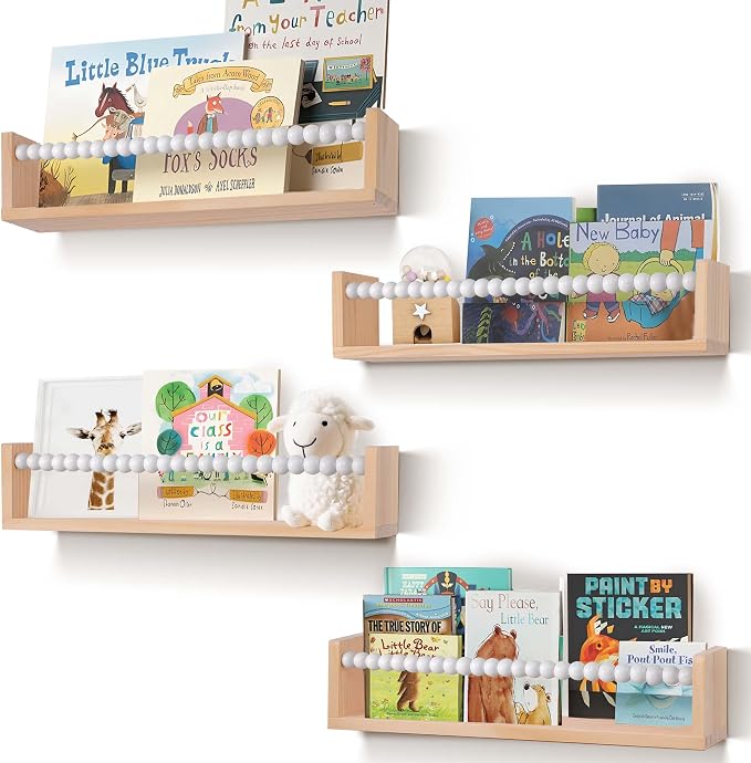 Nursery Shelves Set of 4,White Floating Book Shelves for Wall,Nursery Book Shelves for Kids Room,Kids Bookshelf (Set of 4 White)