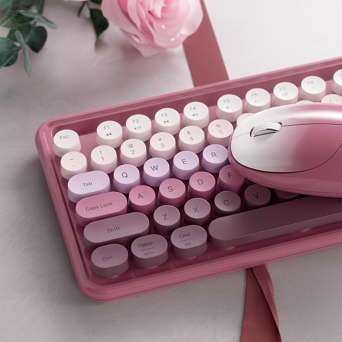 Wireless Keyboard and Mouse, Colorful 104-Key QWERTY with Round Keys, Phone Holder, Wrist Rest, Power Buttons, 2.4GHz USB for PC Laptop (Rose Red Gradient)