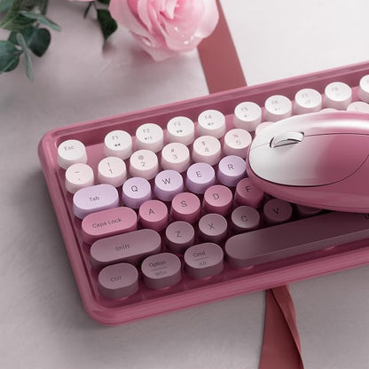 Wireless Keyboard and Mouse, Colorful 104-Key QWERTY with Round Keys, Phone Holder, Wrist Rest, Power Buttons, 2.4GHz USB for PC Laptop (Rose Red Gradient)