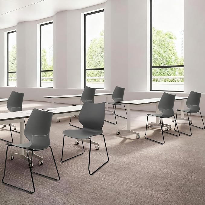 KLASIKA Stacking Waiting Room Chairs, Stacked Plastic Office Chair with Ergonomic Lumbar Support and Metal Legs for Conference School Church Guest Reception Set of 12, Grey