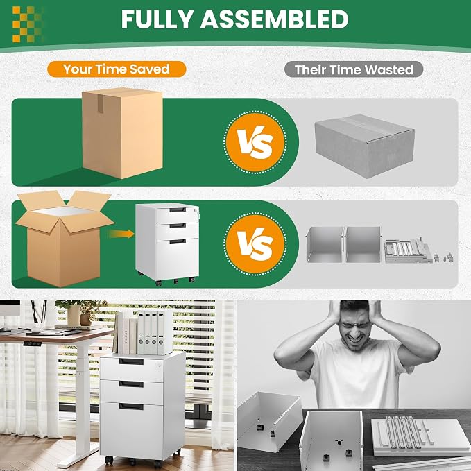 Mobile File Cabinet,3 Drawer Locking Storage Filing Cabinet,Office Metal Storage Cabinet on Wheels for Legal/Letter/A4 File(Fully Assembled，White)